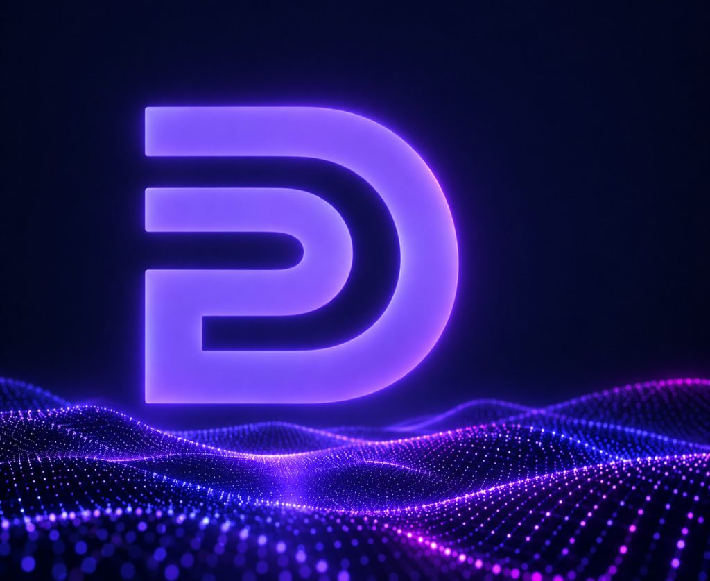Leuchtendes PD-Symbol von prompt-designs über einer violetten Datenlandschaft